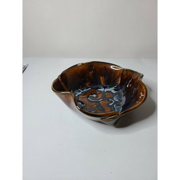Vintage 80s Hilborn Pottery Brown Blue Drip Glazed Ceramic Handmade Ruffle Bowl - Picture 5 of 7